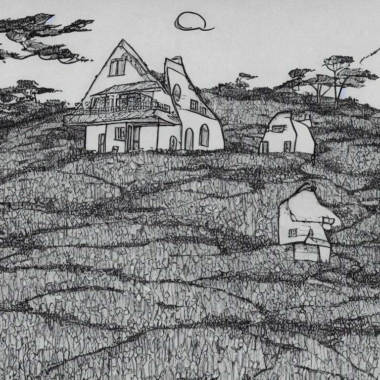 Prompt: drawing of a house on a hill overlooking a body of water, a comic book panel by hayao miyazaki, featured on tumblr, neo - romanticism, wallpaper, minimalistic