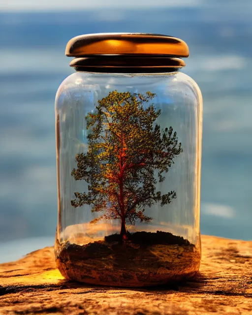 Prompt: glass jar with a burning tree inside, standing on a cliff, bokeh, ocean in the background, metal lid, dramatic lighting, hyperrealistic, highly detailed