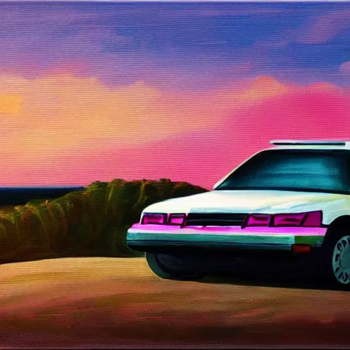 Prompt: an old white 1 9 8 0 s car parked off the road, sunset, ocean in distance, pink, oil painting, pale colors, high detail, 8 k, wide angle, trending on artstation,