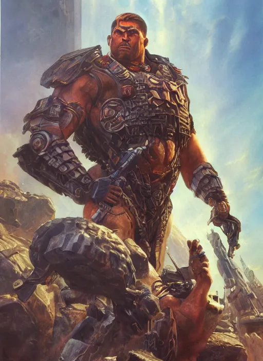 Image similar to portrait of a handsome brute warrior in a futuristic warzone. art by denys tsiperko and dan dos santos and boris vallejo. detailed, hyperrealism, macho, 8 k resolution