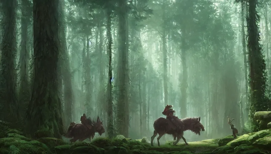 Image similar to beautiful ancient forest, matte painting, beautifully painted, beautiful lighting, enchanted forest, jeremy lipking, studio ghibli, princess mononoke, 8 k, rays of light, amazing detail, princess mononoke background paintings