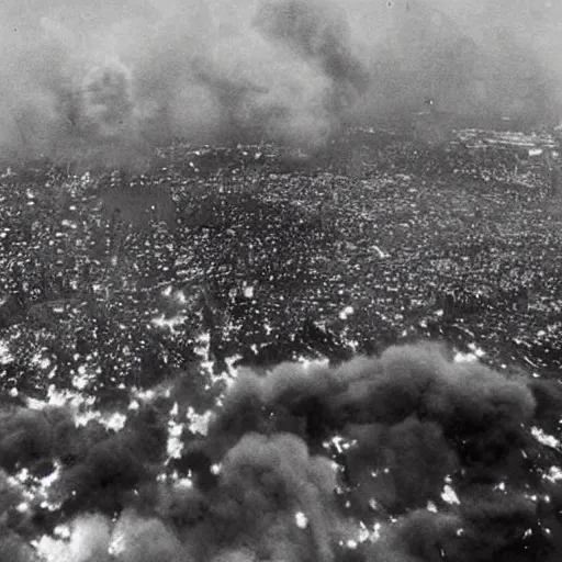 Image similar to aerial photo of one million people fighting against military in a large city, explosions can be seen, war