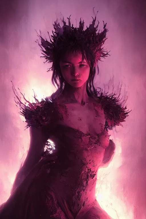 Image similar to a beautiful portrait of a young Demon women covered in deep purple flames by Greg Rutkowski, Sung Choi, Mitchell Mohrhauser, Maciej Kuciara, Johnson Ting, Maxim Verehin, Peter Konig, Bloodborne , 8k photorealistic, cinematic lighting, HD, high details, atmospheric , trending on artstation