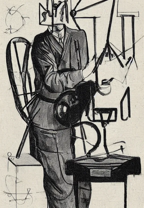 Image similar to a concept drawing of marcel duchamp holding up a chess - piece wire - machine, a surrealist painting by marcel duchamp, complex artificial - intelligence machinery, minimal sketch flow - chart, academic art, 1 9 2 0 s