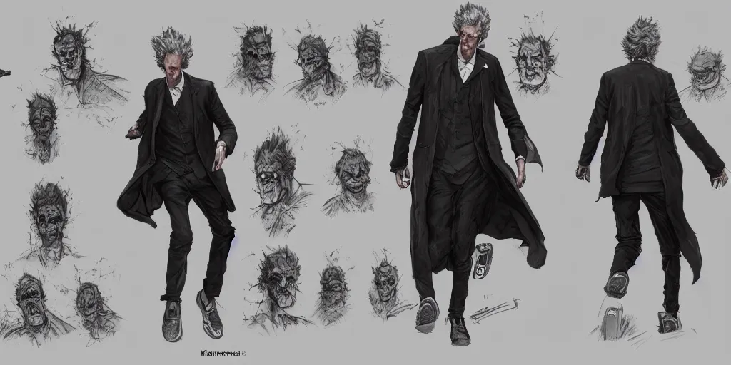 Image similar to cartoonish peter capaldi running away, character sheet, fine details, concept design, contrast, kim jung gi, greg rutkowski, trending on artstation, 8 k, full body, turnaround, front view, back view, ultra wide angle