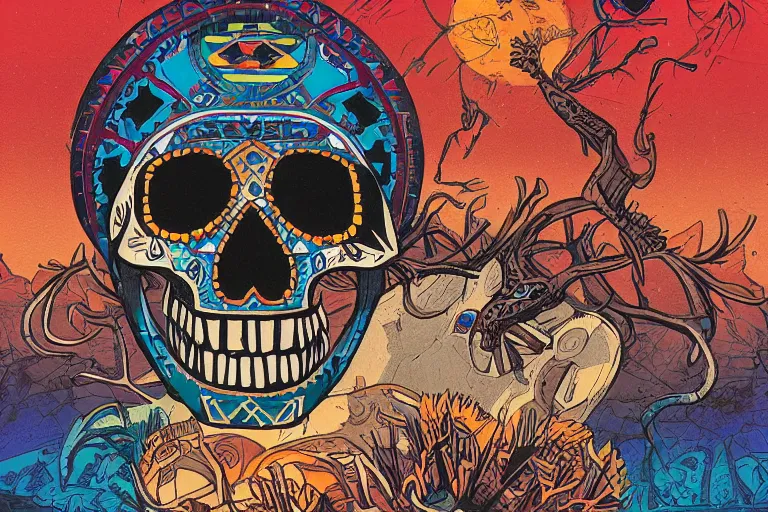 Prompt: aztec skull digitally painted by Tim Doyle, Kilian Eng and Thomas Kinkade, centered, uncropped