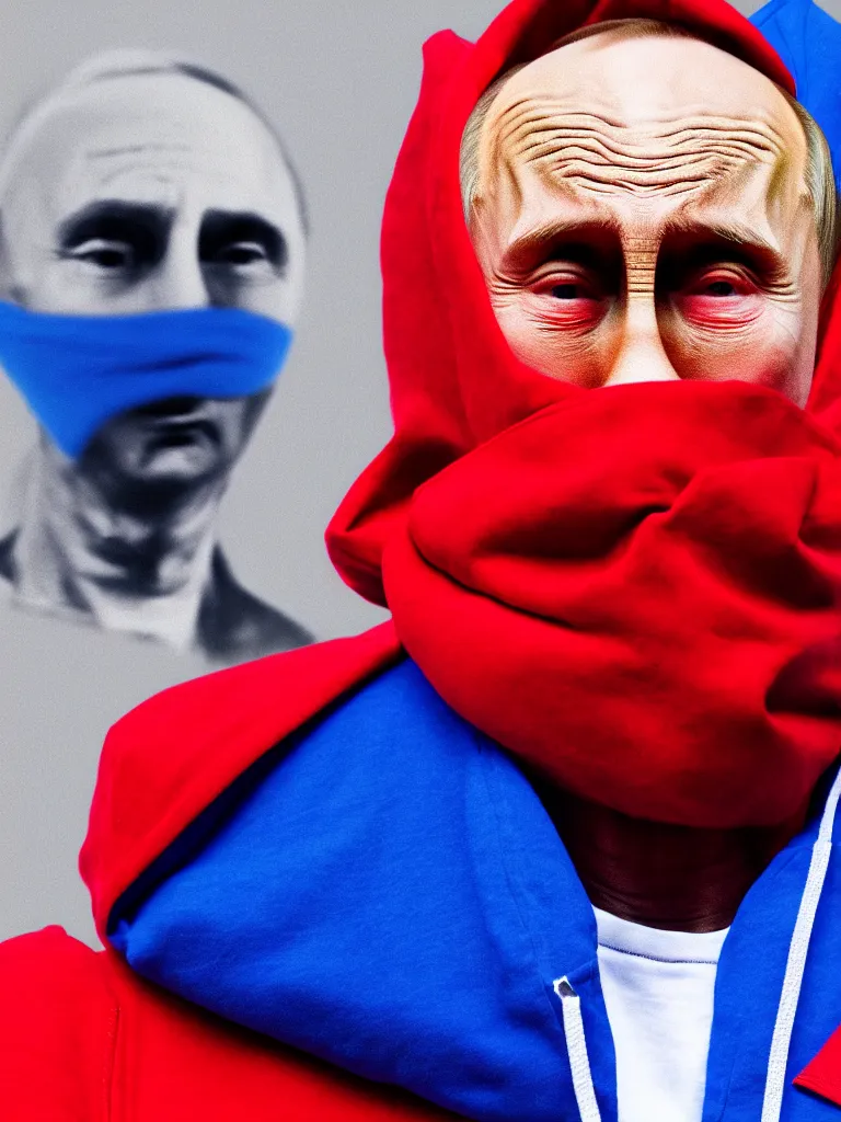 Image similar to body portrait of person in hoodie and red - blue - white bandana looking like vladimir putin in the style of gta game, 8 k super resolution