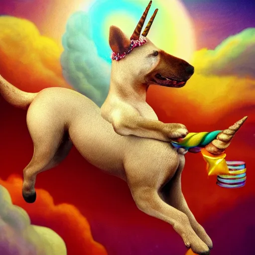 Image similar to sausage dog riding a unicorn, through the clouds on a postage stamp, artistic rendering, 4 k high rez, abstract design, artstation, ample lighting, dna, intense fantasy