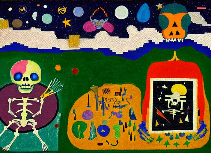 Prompt: pixel decollage painting tarot magician card composition wonky alien skeleton cook chef with knives on a horse in a dark green cloudy night sky with golden foil stars, occult symbols and tears, mountain lake and blossoming field in background, painted by mark rothko, helen frankenthaler, danny fox and hilma af klint, pixelated, neo expressionism