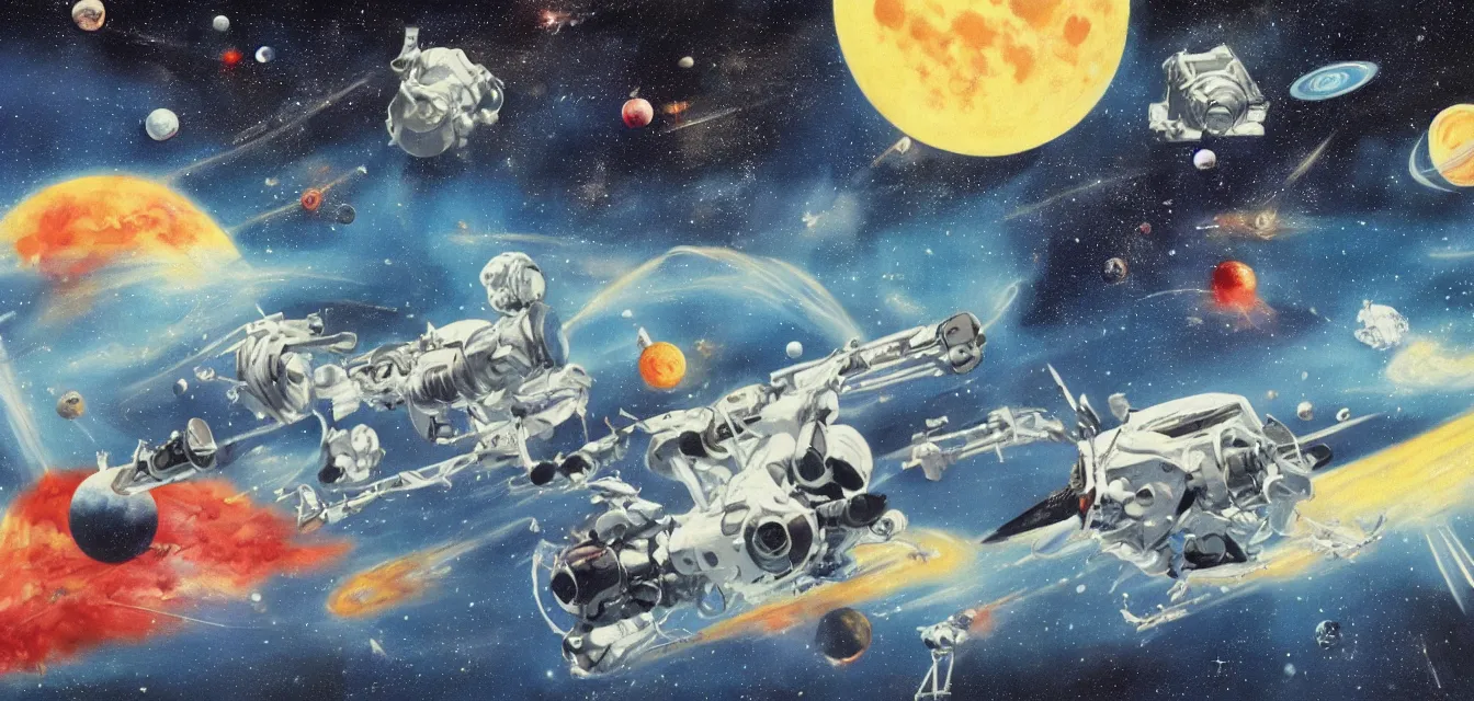 Prompt: space battle aftermath in orbit above moon, retro futurism painting