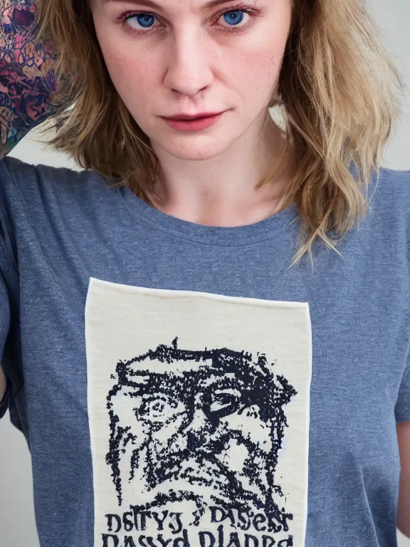 Prompt: hyperdetailed close shot of daisy edgar - jones, winds of winter, with ripped crop t - shirt with a logo, fine - face, pretty face