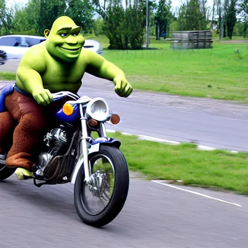 Prompt: shrek doing motorcycle wheelie