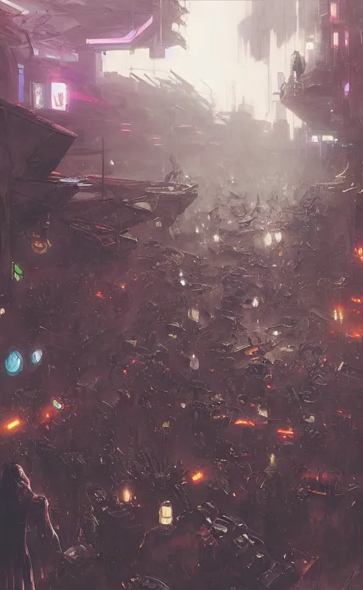 Prompt: cyberpunk samurai crowd, crowd, raven, cyber mech, machenic, arcane, by fortiche, by greg rutkowski, esuthio, craig mullins, wlop