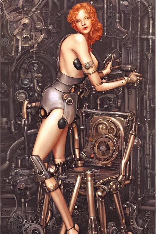 Prompt: retrofuturistic female android tied to a chair, steampunk, gears, detailed mechanical parts, painting by artgerm julie bell Jean Delville