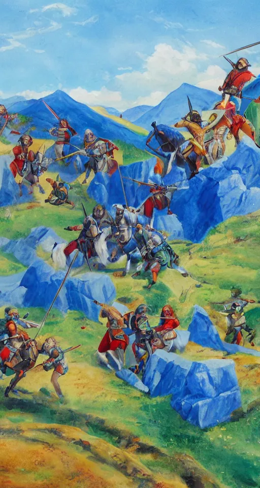 Image similar to colorful simple wideshot of a small medieval battle in front of a beautiful large blue mountainscape, painting