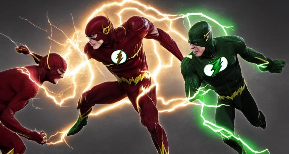 Image similar to The Flash Battles The Green Lantern, Designed By Moebius Yasushi Nirasawa and HR Giger, full body action pose, hyperrealistic, octane render, HDR, volumetric lighting,