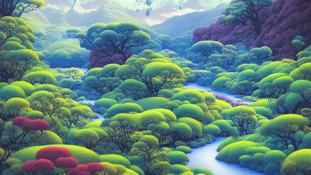 Prompt: digital painting of a lush river valley by gerald brom. blue river. spring day. chiho aoshima. digital render. detailed. beautiful landscape.