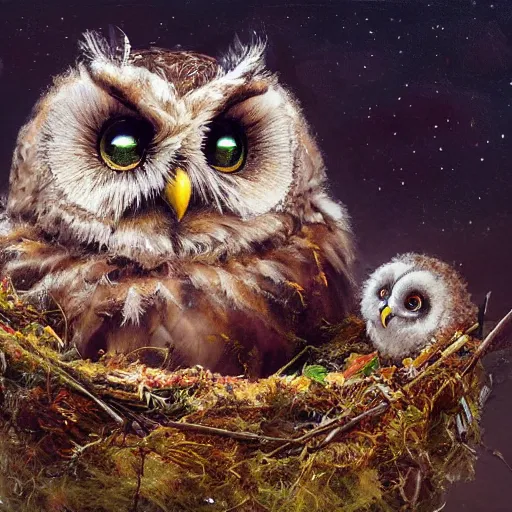 Image similar to long shot of a very fluffy cute owl chick nesting in a cup, esao andrews, by m. w. kaluta, humorous illustration, hyperrealistic, tilt shift, warm colors, night scenery, low light, 3 d octane render, 4 k, volumetric lights, smooth, cosy atmosphere, conceptart, hyperdetailed, trending on deviantart