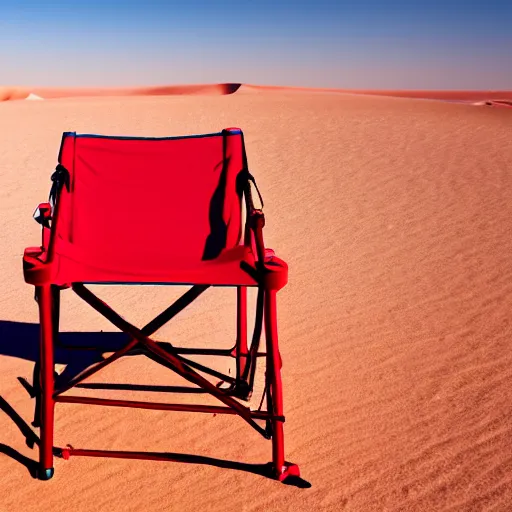 Prompt: a red camping chair in the middle of the sahara desert. the chair is far away from the camera.