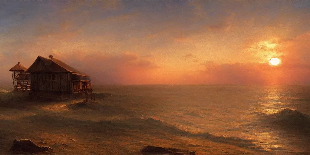 Image similar to sunset over a wooden cabin on the coast in the distance, sea, oil painting, very detailed, colorful, cinematic lighting, albert bierstadt, trending on artstation