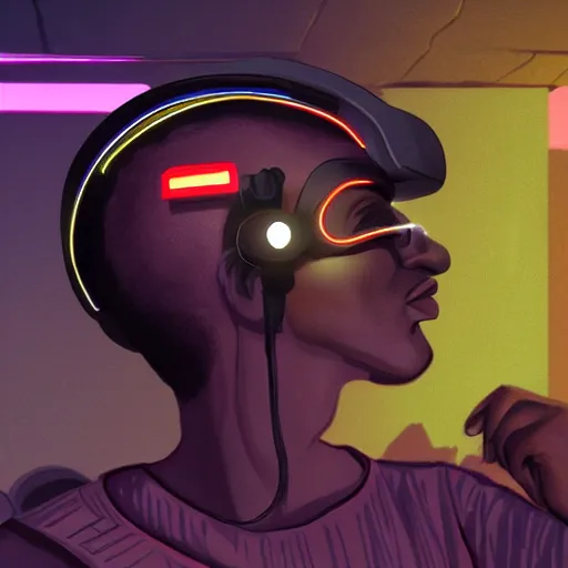 Prompt: dark skinned man wearing futuristic vr headset neon lights ambient light unity game ultra - realistic in the style of enkai bilal