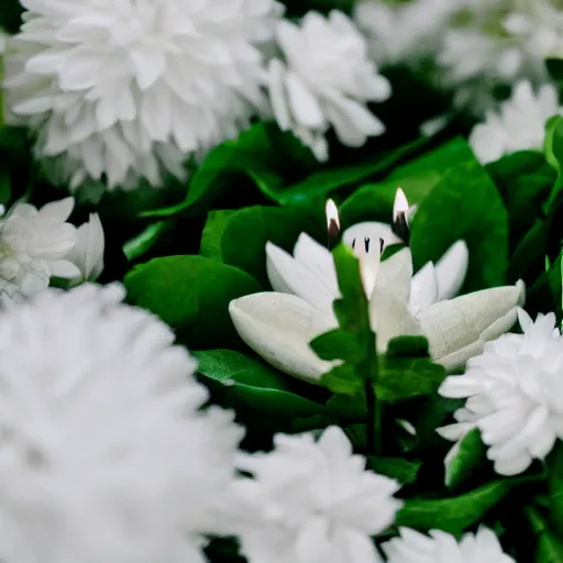 Prompt: centered white perfume bottle lying in a dark bed of leafy - greens and white flowers, illumination lighting, sharp focus, vogue