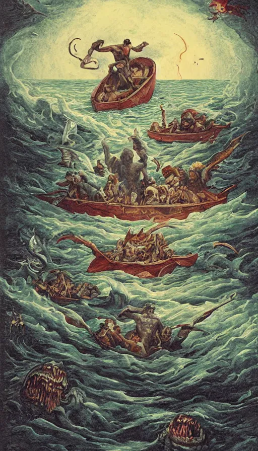 Image similar to man on boat crossing a body of water in hell with creatures in the water, sea of souls, by david eichenberg