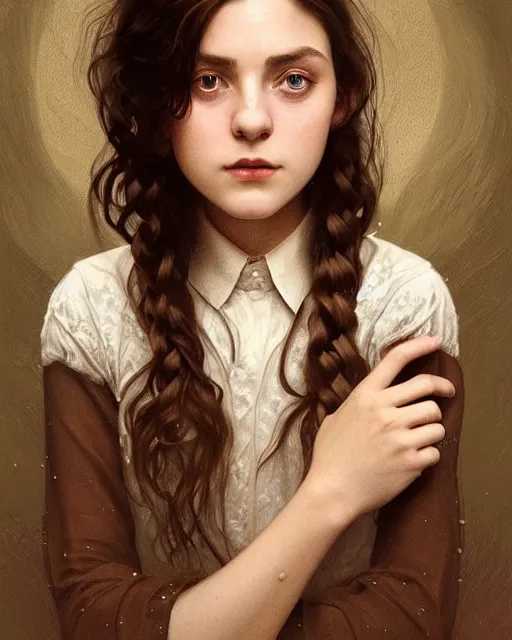 Image similar to portrait of a welsh teenage girl with brown hair, dark brown eyes, glowing skin, delicate features, quiet beauty, amelie poulain, fantasy, intricate, elegant, floral, dress shirt, highly detailed, digital painting, artstation, concept art, smooth, sharp focus, illustration, art by Krenz Cushart and Artem Demura and alphonse mucha