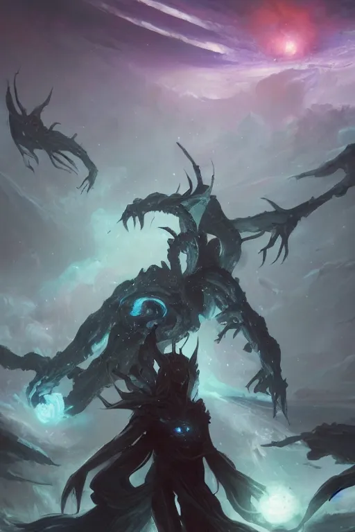 Image similar to eldritch god, cosmic, nightmare, outer space, aliens, digital art, magic the gathering, mtg, by greg rutkowski, trending on artstation