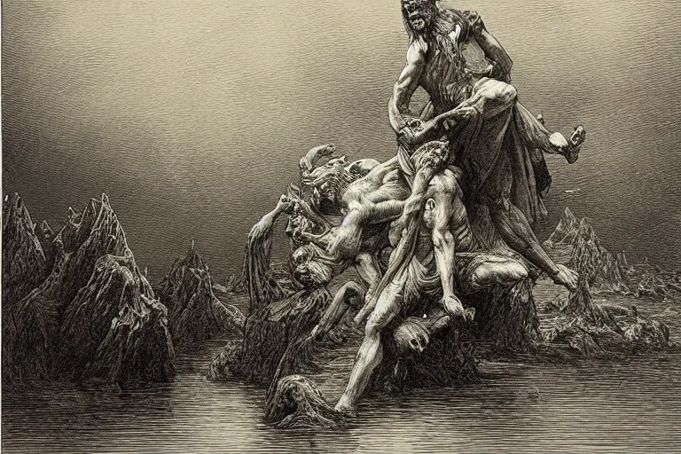 Image similar to demons near calm lake, Gustave Dore lithography