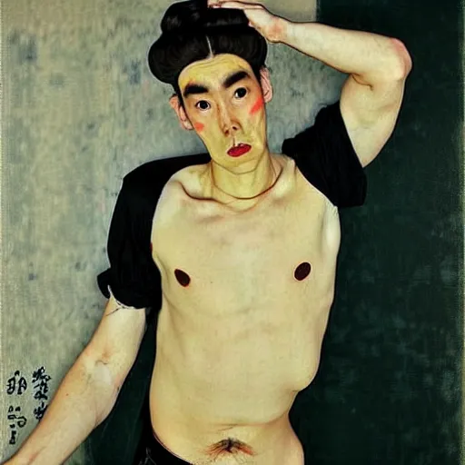 Prompt: full body painting of grumpy handsome thin beautiful man in his 2 0 s named min - jun in a french female maid outfit, modern clothing, elegant, clear, painting, stylized, delicate facial features, stylized thin lines, soft but grumpy, highly detailed, art, art by egon schiele