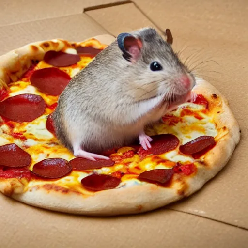 Image similar to detailed photo of a hamster eating pizza, various poses, full body, daylight, 8 k