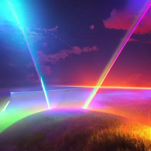 Prompt: rainbow lasers in the night sky, hyperrealistic, volumetric lighting, featured on artstation, highly detailed, 8 k