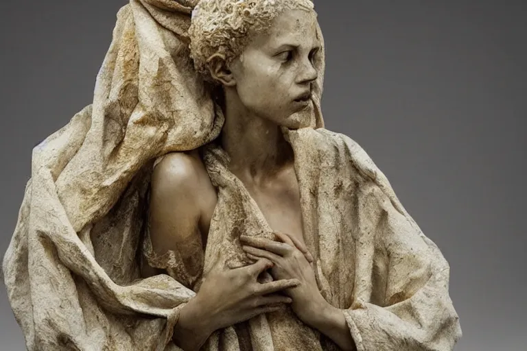 Image similar to a sculpture of a person with golden tears, a marble sculpture by nicola samori, behance, neo - expressionism, marble sculpture, apocalypse art, made of mist