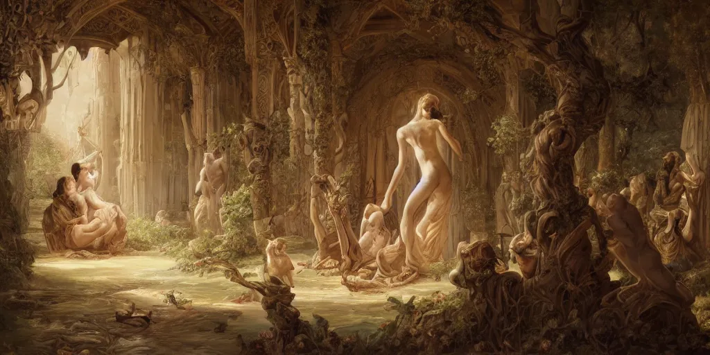 Image similar to a stunning and noble highly detailed romantic period style painting of the place where gods come into being by james jean, josep tapiro baro and harles sillem lidderdale, trending on artstation, oil painting masterpiece, symmetry, rule of thirds, mysterious