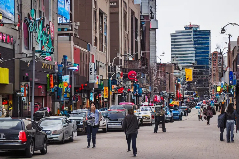 Prompt: photo of busy city street of Edmonton Alberta, young adults on sidewalks that are lined with stores and nightclubs, late evening time, high dynamic range color, medium contrast, 1/24 shutterspeed, sigma 24mm f8