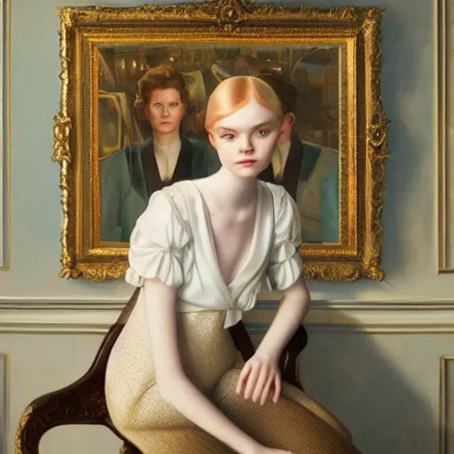 Image similar to Elle Fanning sitting on a white leather chair in the world of Lizzie Riches, head and shoulders portrait, stormy weather, extremely detailed masterpiece, oil on canvas, low-key neon lighting, artstation, Blade Runner 2049, Roger Deakin’s cinematography, by J. C. Leyendecker and Peter Paul Rubens and Edward Hopper and Michael Sowa,