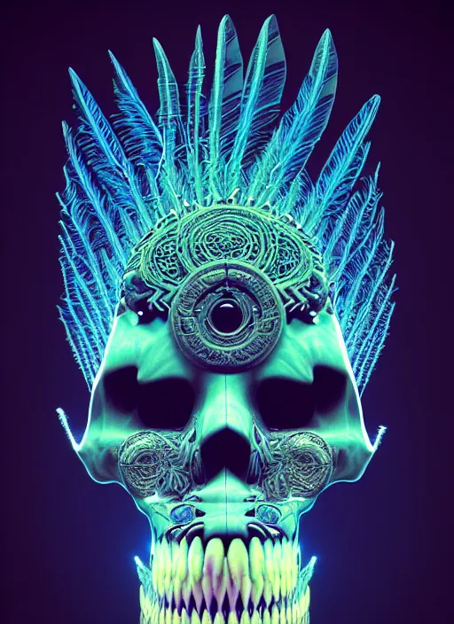 Image similar to 3 d shaman with tattoos profile portrait, sigma 5 0 0 mm f / 5. beautiful intricate highly detailed quetzalcoatl skull and feathers. bioluminescent, gradient background, plasma, frost, water, wind, creature, thunderstorm! artwork by tooth wu and wlop and beeple and greg rutkowski, 8 k trending on artstation,