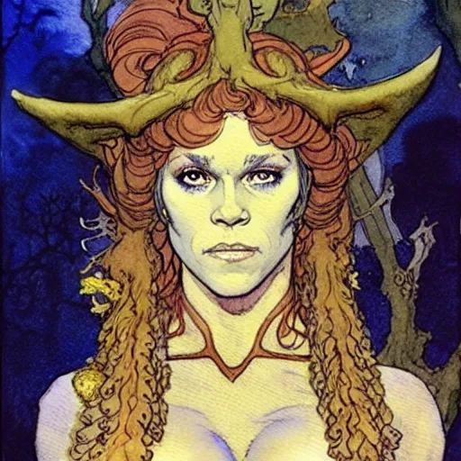 Image similar to a realistic and atmospheric watercolour fantasy character concept art upper body image of a young jane fonda in her 2 0 s posing as a druidic warrior wizard looking at the camera with an intelligent gaze by rebecca guay, michael kaluta, charles vess and jean moebius giraud