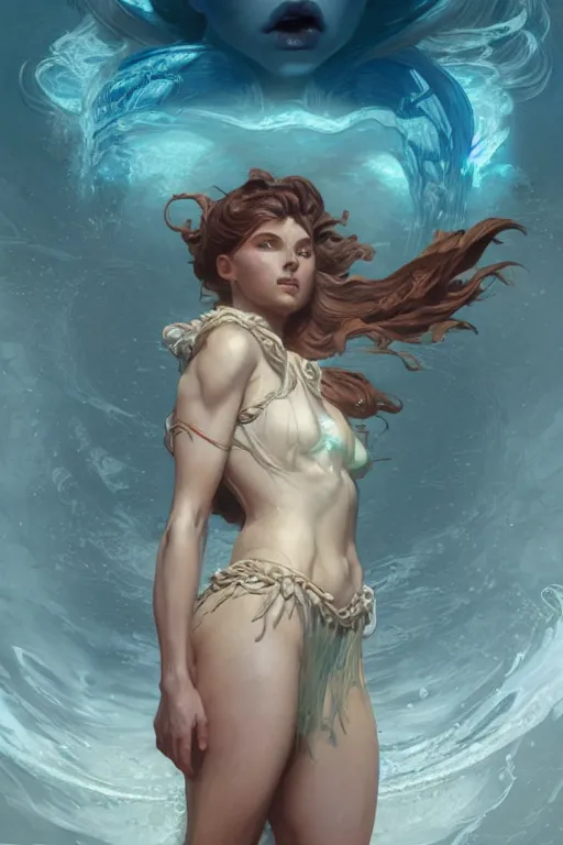 Image similar to goddess of the ocean, accurate anatomy, only two hands, highly detailed, digital painting, artstation, concept art, smooth, sharp focus, illustration, Unreal Engine 5, 8K, art by Ross Tran and greg rutkowski and alphonse Mucha and Frank Frazetta