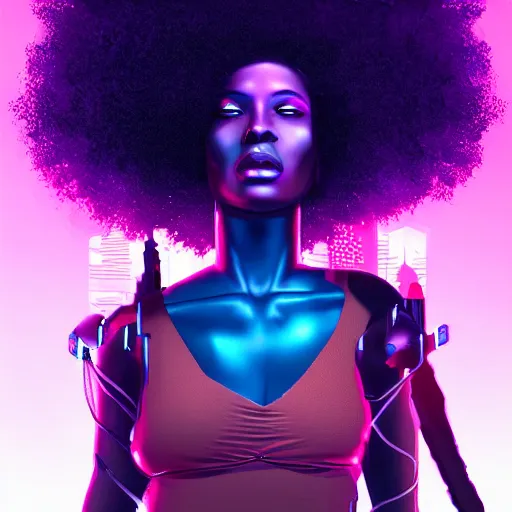 Prompt: cyberpunk black woman with afro hair, corcovado on the background, blue and purple digital art trending on artstation, atmospheric lighting, artgerm