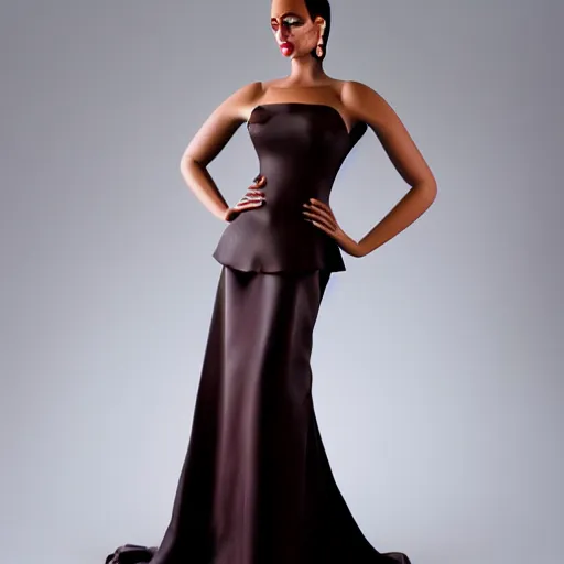 Prompt: a beautiful evening gown made of dark chocolate, on a mannequin.. studio lighting, high quality, high resolution