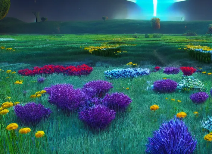 Image similar to flowerfield on a luminescent crystal biome that looks like a movie shot by pixar, ultra detailed, fantasy, hyper realism, art, smooth, beautiful art, masterpiece, landscape, cinematic, wet reflections, ray tracing x, rtx, smooth