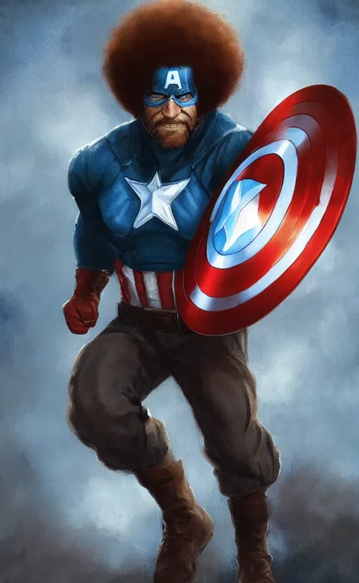 Image similar to bob ross as captain america, dynamic lighting, cinematic, ultra detailed, trending on art station, stunning visuals, creative, fantasy concept art