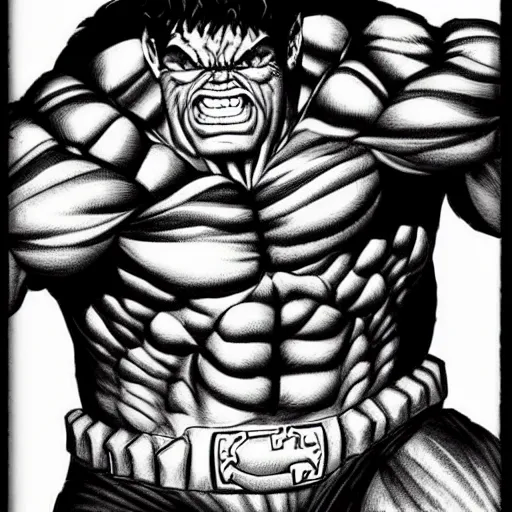 Image similar to Hulk by Kentaro Miura, highly detailed, black and white