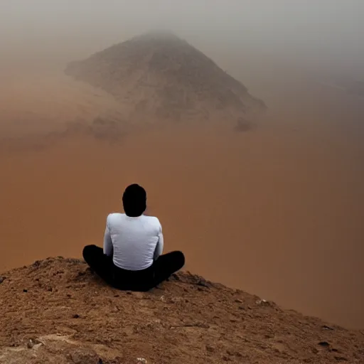 Prompt: man sitting on top peak mountain looking at huge vast sandstorm dust tornado desert