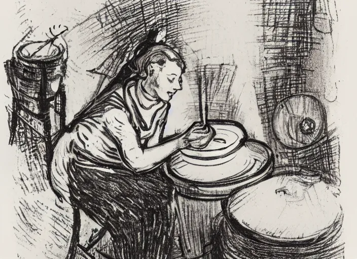 Image similar to abstract stylized pen and ink drawing on white paper of a woman sitting at a pottery wheel working on a vase, john singer sargent, van gogh, miro, vermeer
