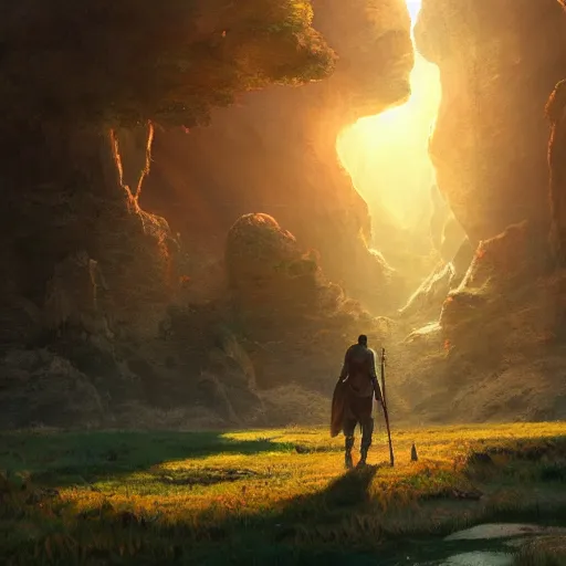 Image similar to a beautiful ultradetailed painting of a colossus giant warrior walking through the edge of the world, golden hour, Albert Bierdstat, Makoto Shinkai, 4k, trending on artstation