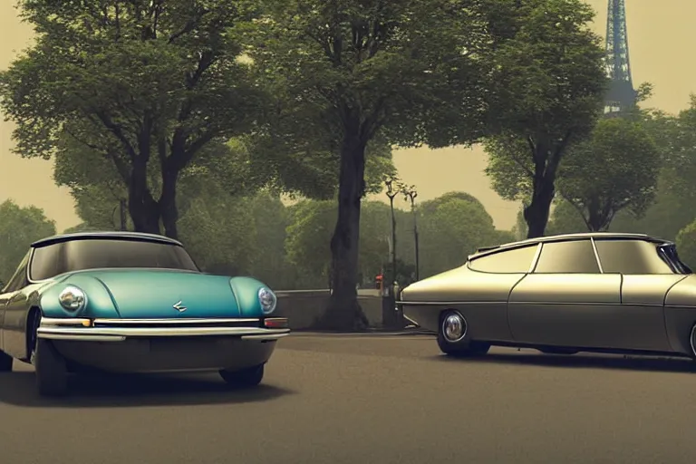 Prompt: a wholesome beautiful animation key shot of!! one!! focused!! 1 9 7 4 citroen ds!! in a paris street with trees, eiffel tower, medium wide shot, studio ghibli, ( pixar ) and disney animation, sharp, very detailed, high resolution, rendered in unreal engine 5, anime key art by greg rutkowski, bloom, dramatic lighting