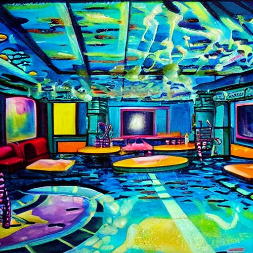 Image similar to a painting of the lost nightclub of Atlantic. An underwater dance floor.